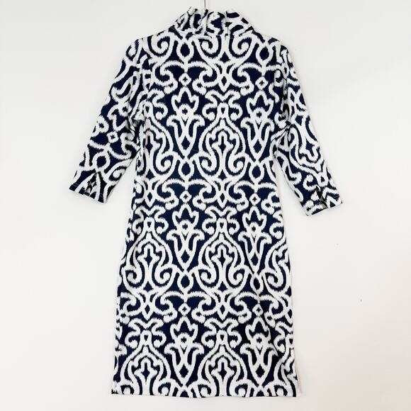 Gretchen Scott Jersey Ruffneck Dress Navy & White Arabesque Pattern Womens Small - Picture 6 of 12